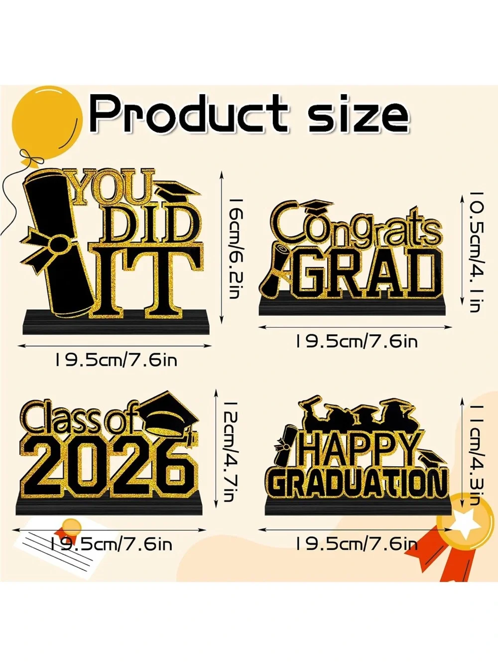 Black & Gold Graduation Tabletop Sign Set - Class of 2026 Decor set of 16